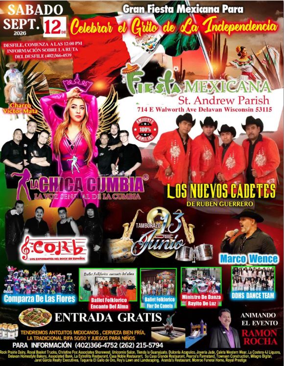 Advertisement for Fiesta Mexicana 2026 highlighting bands and performance groups